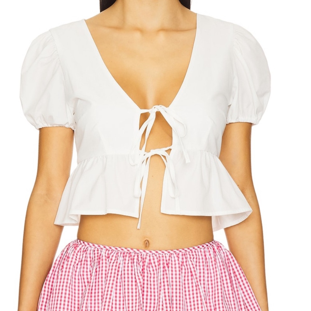 White Puff Sleeve Tie-Front Top